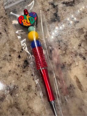 PRIDE Hand Crafted Red Metallic Beaded Pen with Multicolor Heart Topper
